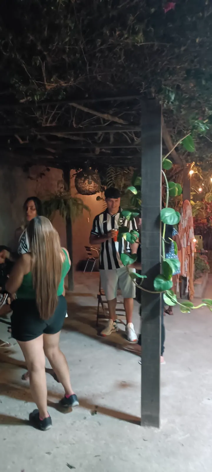 Pergolado coberto de plantas com gente conversando